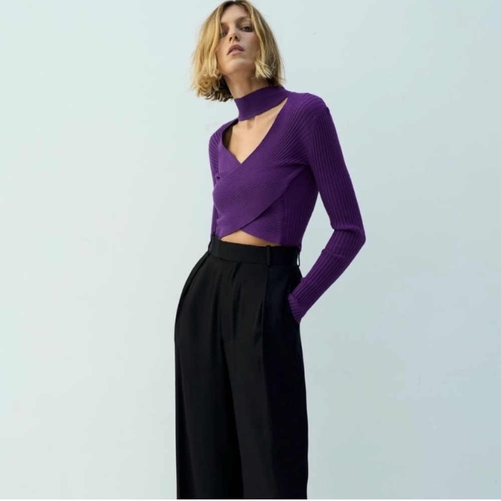 Zara Cut-Out Purple Knit Crop Top Sweater